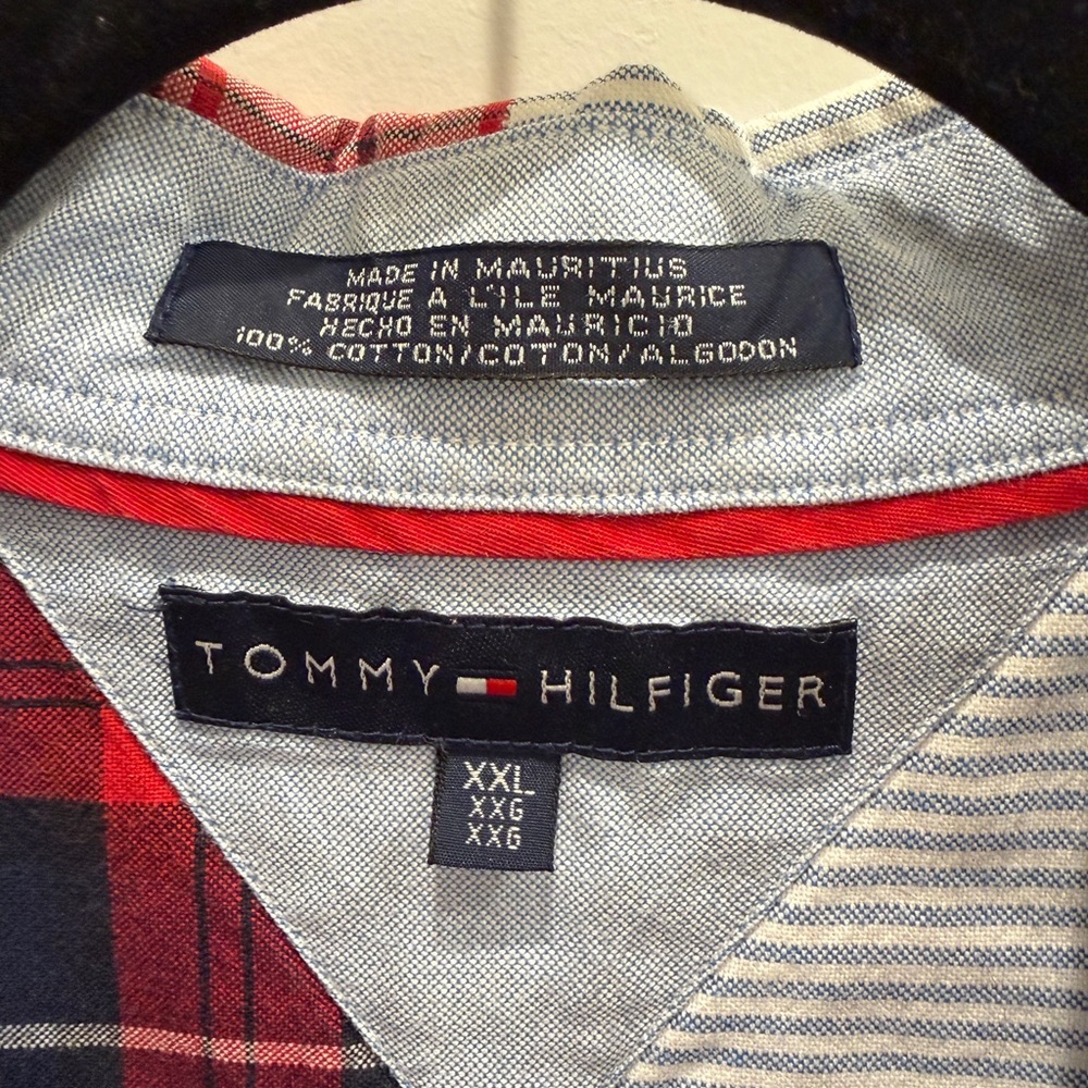 Tommy Hilfiger Men’s Split-Design Shirt - Red/Navy Plaid & Light Blue Stripe - Picture 4 of 5
